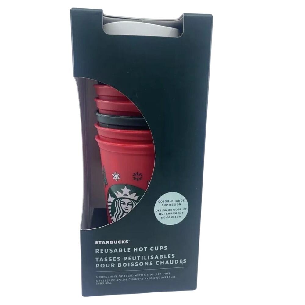 NEW Starbucks 6 Cups & Lids 16 oz Color Change Design Reusable Hot 2022 Holiday